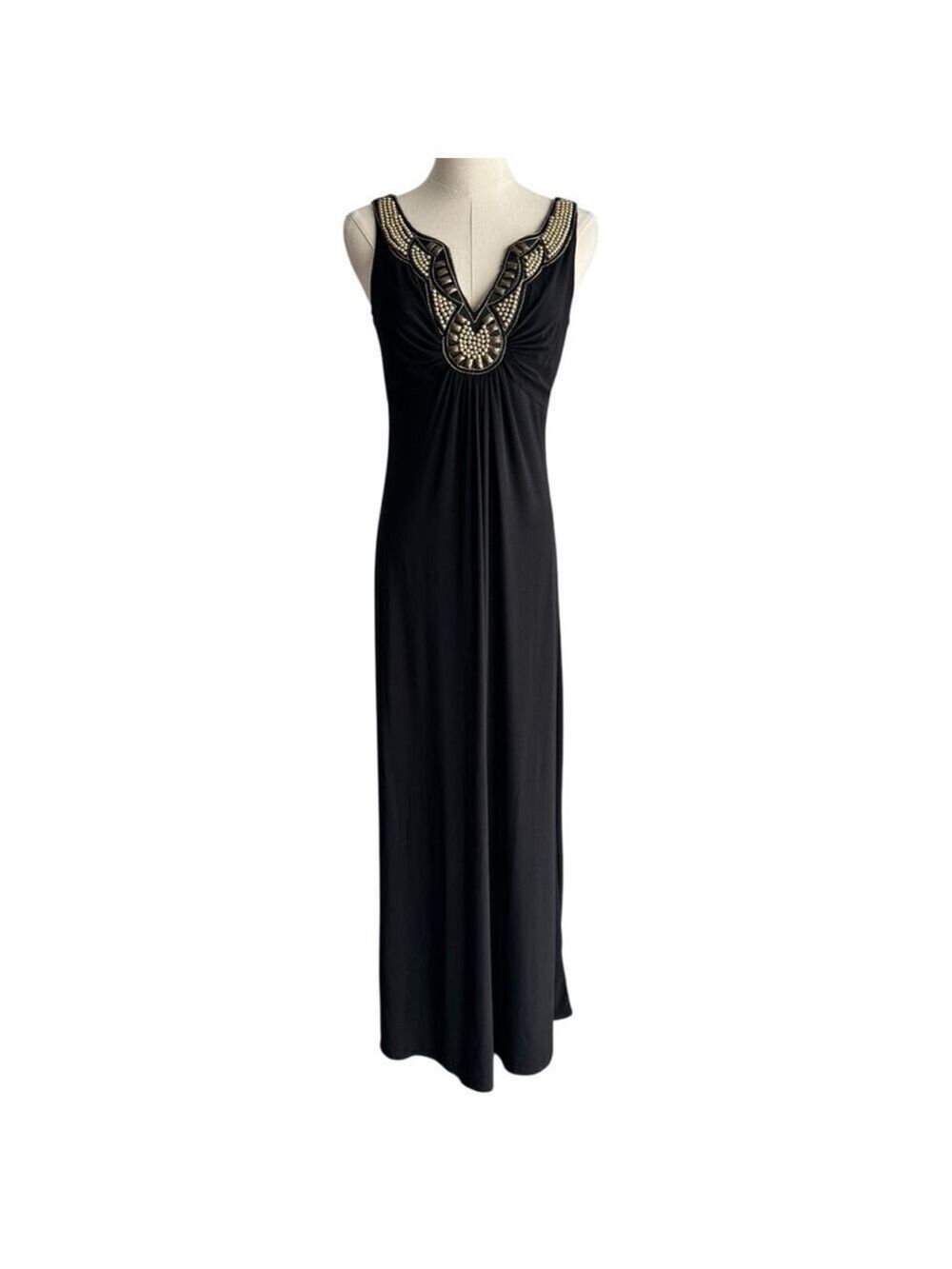 Black Beaded Maxi Dress Sz 2 XS Sleeveless V-Neck Boho Glam Evening Gown Party - Picture 2 of 15